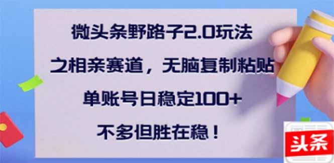 （14334期）微头条野路子2.0玩法之相亲赛道，无脑搬砖复制粘贴，单账号日稳定300+…-资源阁