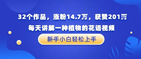 32个作品，涨粉14.7W，获赞201W，每天讲解一种植物的花语视频，无需任何技巧，新手小白轻松上手-资源阁